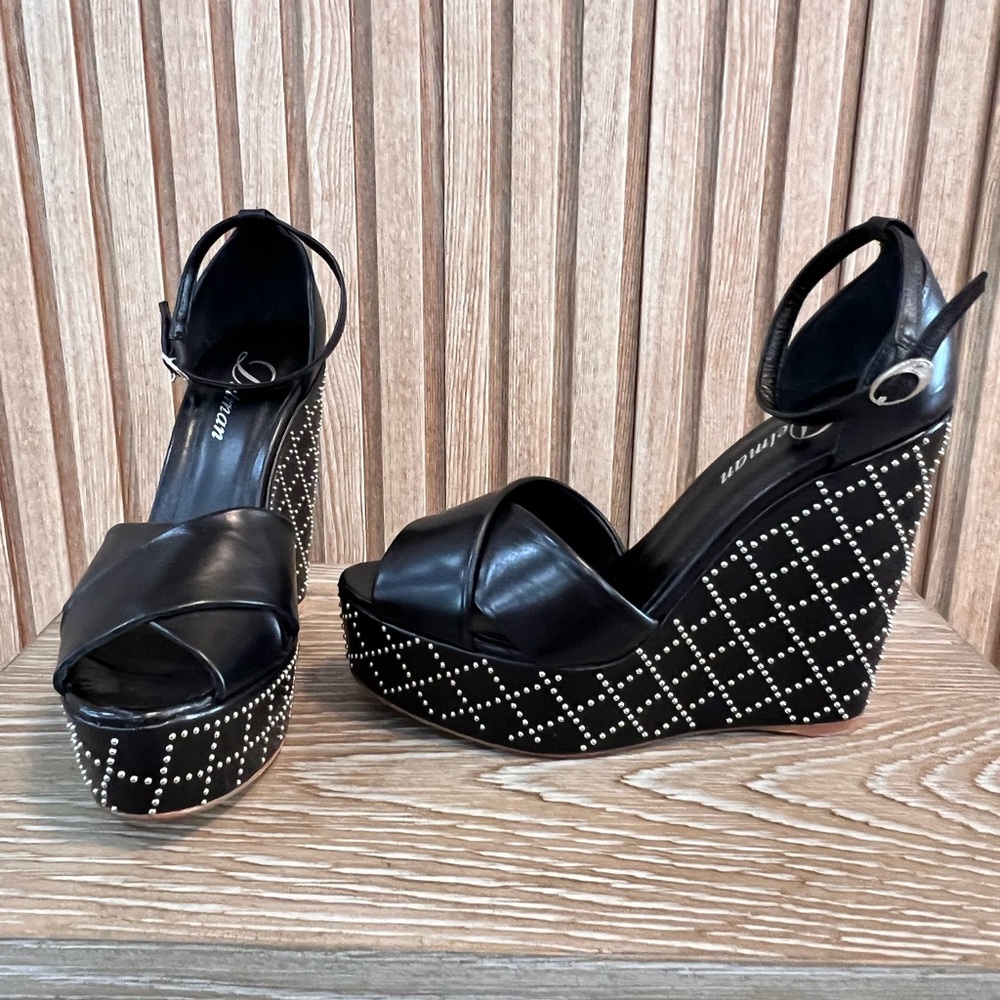 Delman Black Wedge Sandals with Stud Accents